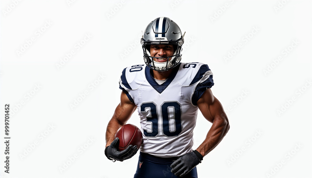 Portrait of a football player in full uniform holding a ball, reflecting confidence and athleticism.
Portrait of a football player in full uniform holding a ball, reflecting confidence and athleticism.