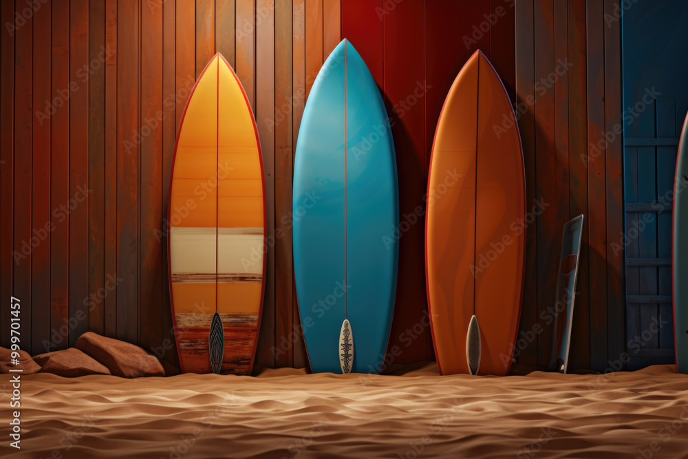 Surfboards and beach bathing cabins Surfboards and beach bathing cabins