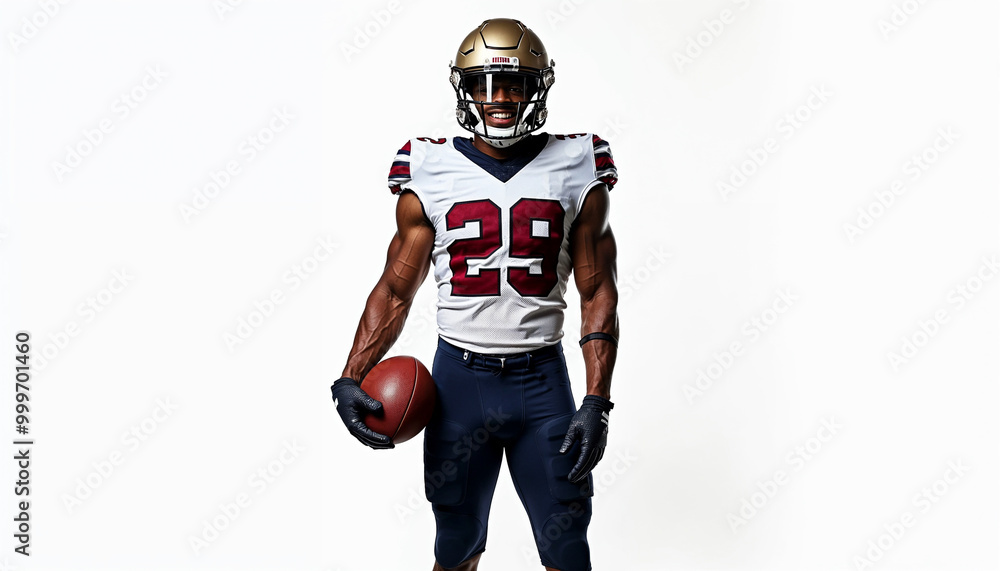 Portrait of a football player in full uniform holding a ball, reflecting confidence and athleticism.
Portrait of a football player in full uniform holding a ball, reflecting confidence and athleticism.
