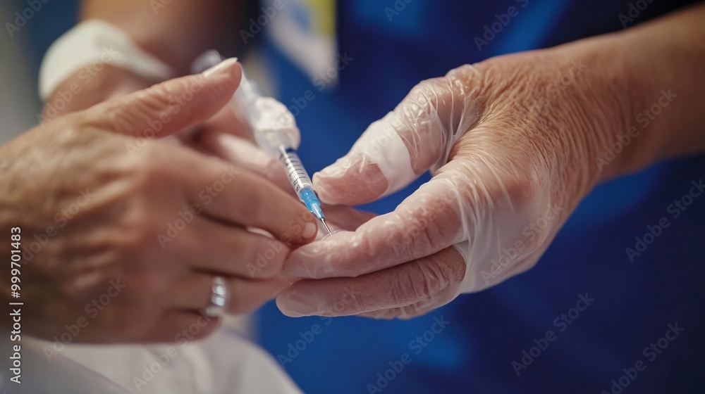 Closeup of a gloved hand holding a syringe, injecting a patient. Closeup of a gloved hand holding a syringe, injecting a patient.