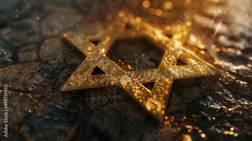 A golden Star of David symbol on a stone surface, great for Jewish or spiritual themed designs photo