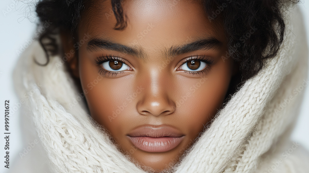 Close-up of a young Ethiopian model in a large white knitted sweater and turtleneck. Her face is soft and the cutest youâve ever seen, with direct eye contact to the camera on the Close-up of a young Ethiopian model in a large white knitted sweater and turtleneck. Her face is soft and the cutest youâve ever seen, with direct eye contact to the camera on the