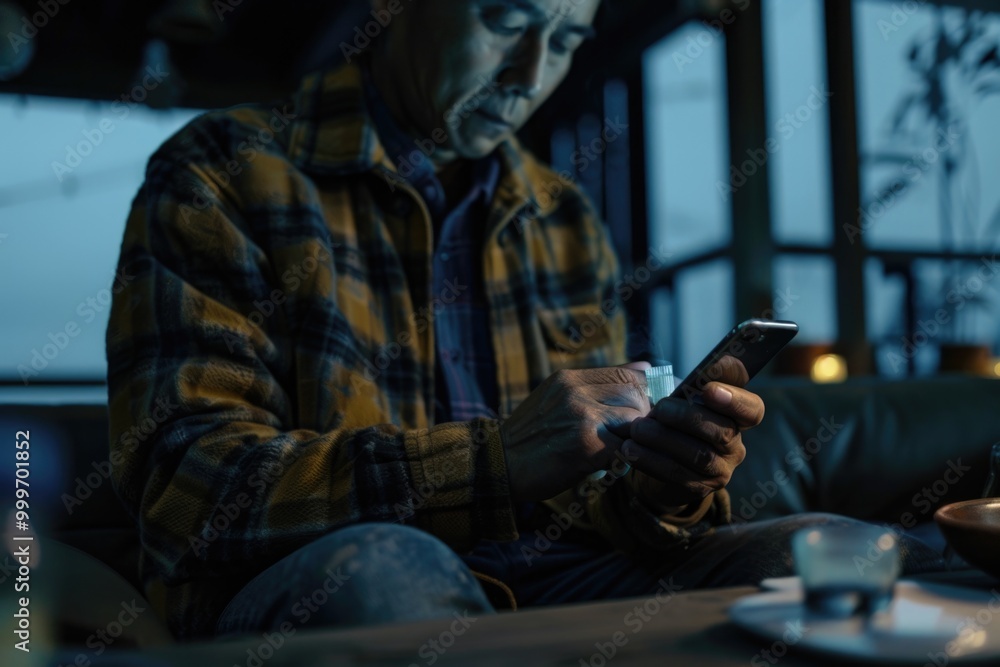 A person sitting on a couch looking at their mobile device, possibly checking messages or browsing A person sitting on a couch looking at their mobile device, possibly checking messages or browsing