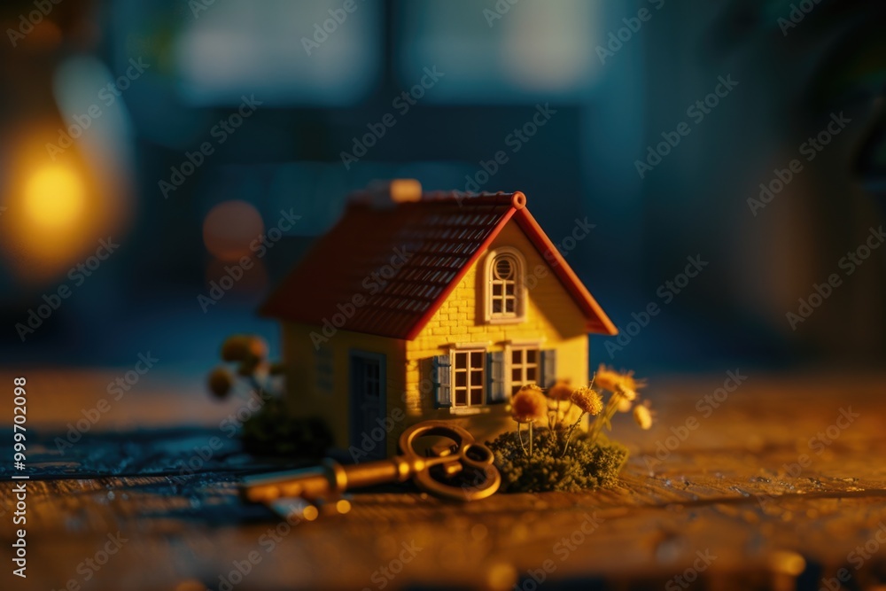 A small toy house with a key placed on a table, ideal for use in illustrations or designs about childhood, imagination, and creativity A small toy house with a key placed on a table, ideal for use in illustrations or designs about childhood, imagination, and creativity