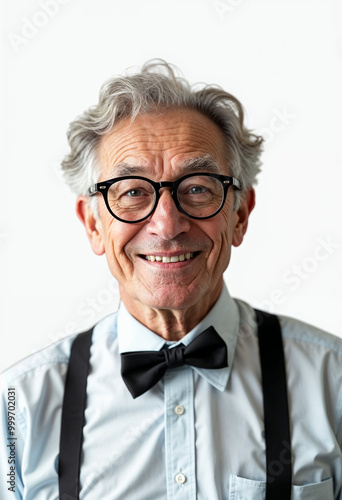 Portrait of a charming professor with glasses and bow tie, reflecting warmth and charisma.