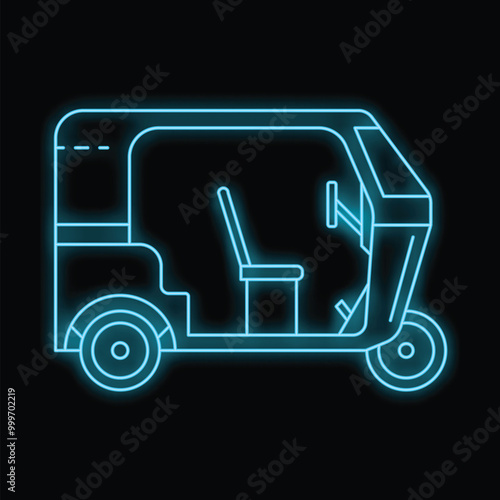Neon style icon of an auto rickshaw taxi, glowing brightly against a dark background