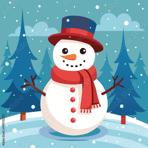 A happy snowman wearing a red scarf and top hat, standing in the middle of a snowy forest with snowflakes falling gently.