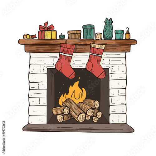 vector flat style fireplace with hanging socks on white background .Generative AI