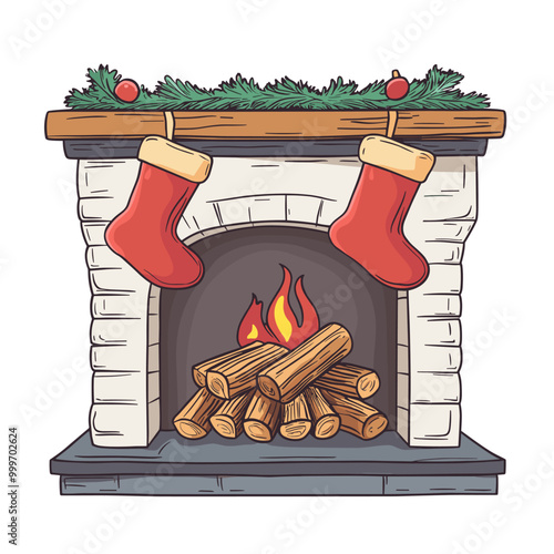 vector flat style fireplace with hanging socks on white background .Generative AI