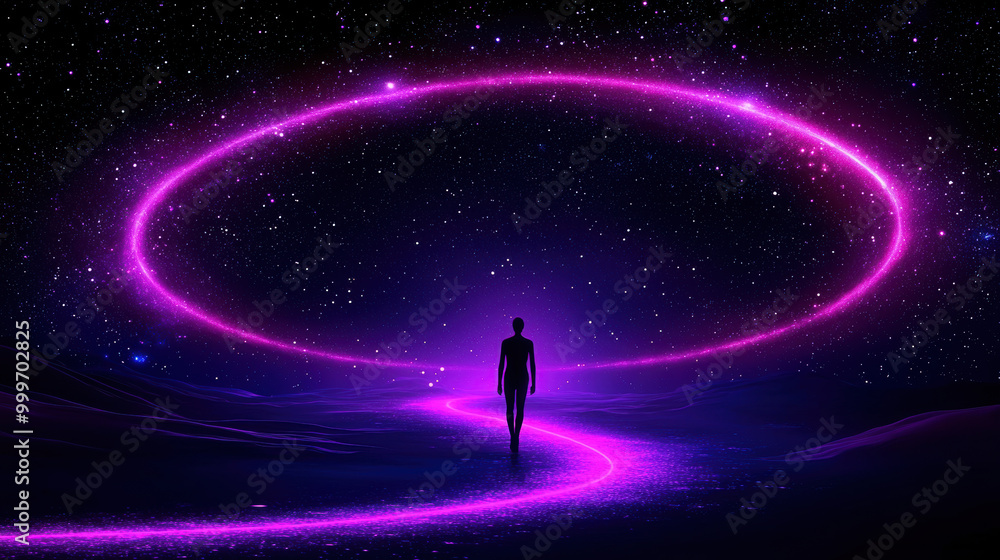 Fototapeta premium Radiant figure walking along a glowing cosmic path, A mystical figure walks through a vibrant, neon landscape, surrounded by stars and a glowing, pink aura of energy and exploration.