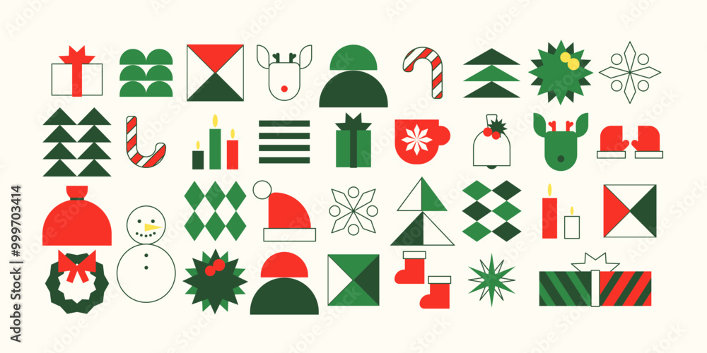 Fototapeta premium Color geometric Christmas New Year pattern background. Winter Holidays shapes. Vector illustration, icons set