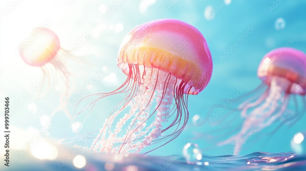 Fototapeta premium Colorful Jellyfish Swimming in Clear Water