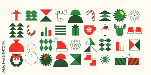 Color geometric Christmas New Year pattern background. Winter Holidays shapes. Vector illustration, icons set