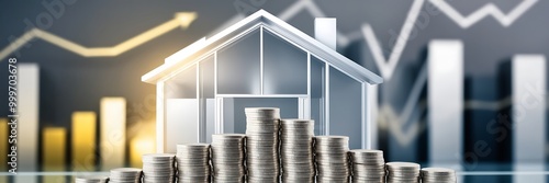 model houses and virtual graph, real estate growth in the future, finance, banking, lending, and trading.