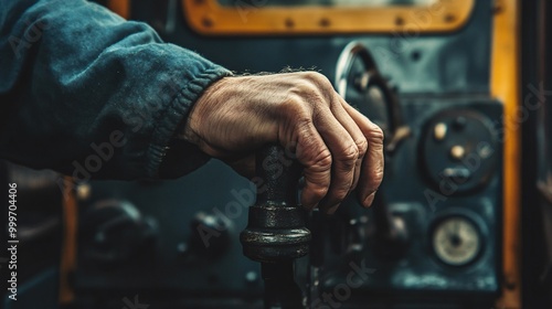 Close-up of a hand gripping a metal lever in an industrial setting.