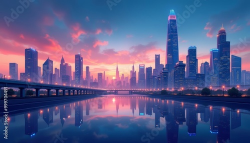  Elegant cityscape at sunset reflecting on the water