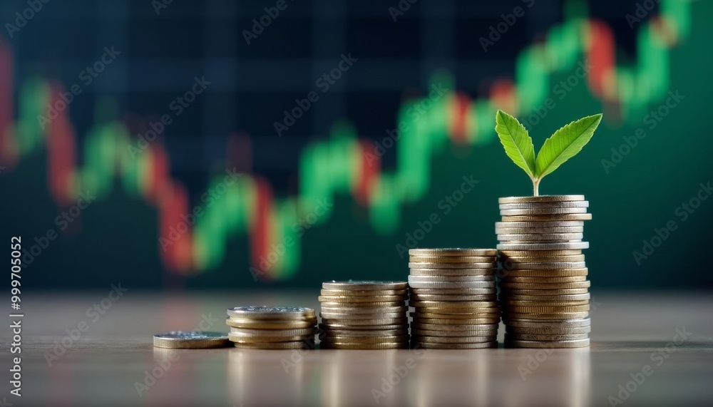 Growing wealth A seed sprouts amidst a stack of coins Growing wealth A seed sprouts amidst a stack of coins