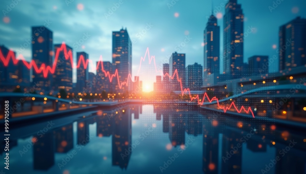 Obraz premium Cityscape at sunset with digital heartbeat line