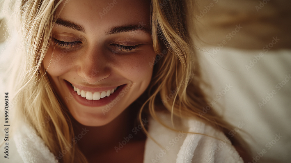 close-up shot of a smiling blonde woman with long flowing hair, wrapped in a white towel. Soft lighting accentuates her glowing skin and bright smile, set against a simple background close-up shot of a smiling blonde woman with long flowing hair, wrapped in a white towel. Soft lighting accentuates her glowing skin and bright smile, set against a simple background
