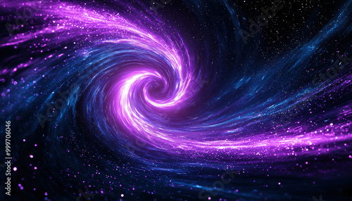 Soul ascending through a luminous vortex of energy, A stunning cosmic swirl of vibrant purple and blue hues, resembling a galaxy's spiral, filled with sparkling stars in the universe.