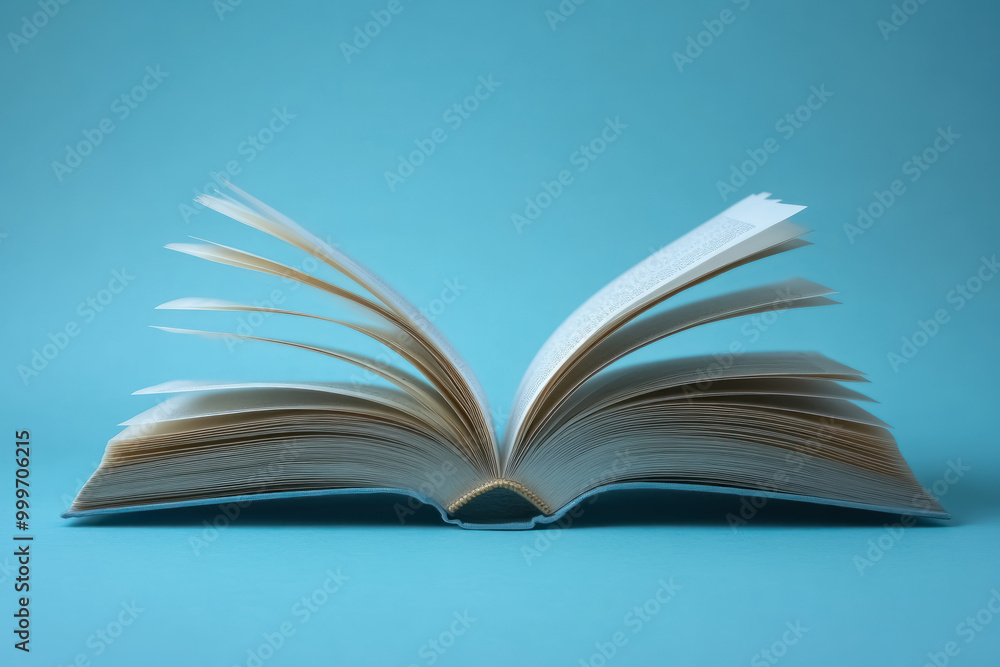 open book on light blue background with pages fluttering open book on light blue background with pages fluttering