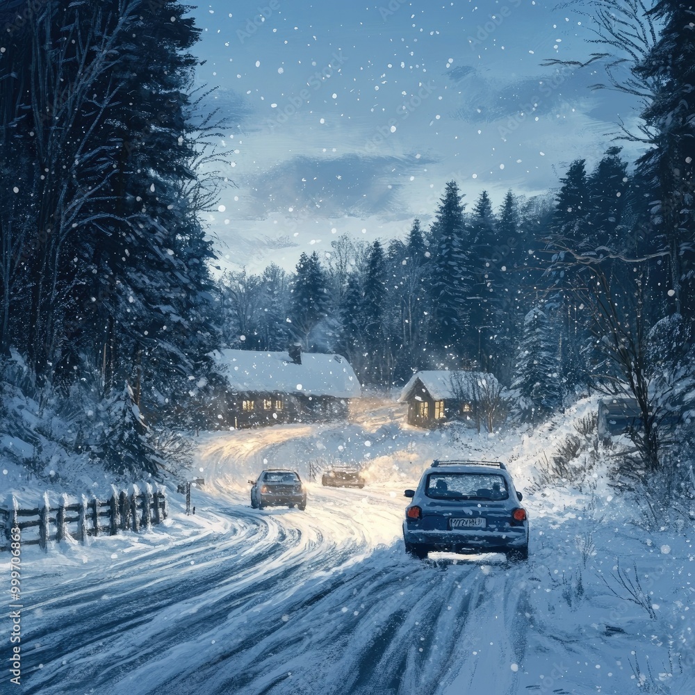 A snowy roadside scene with cars carefully navigating through fresh snow, snowflakes gently falling, and a cozy cabin visible in the background. Snail A snowy roadside scene with cars carefully navigating through fresh snow, snowflakes gently falling, and a cozy cabin visible in the background. Snail