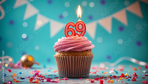 Birthday cupcake with burning lit candle with number 69. Number sixty-nine for sixty-nine years or sixty-ninth anniversary. photo