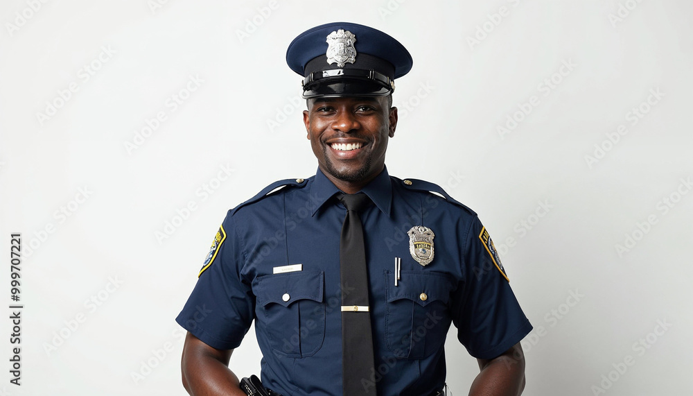 Portrait of a confident NYPD police officer in uniform, set against a vibrant New York City background. Portrait of a confident NYPD police officer in uniform, set against a vibrant New York City background.