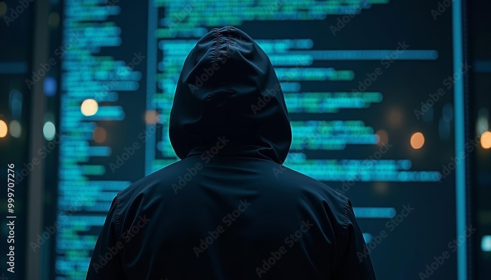 Mysterious figure engrossed in digital world Mysterious figure engrossed in digital world