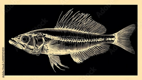 Detailed skeleton of a fish displayed on a black background photo