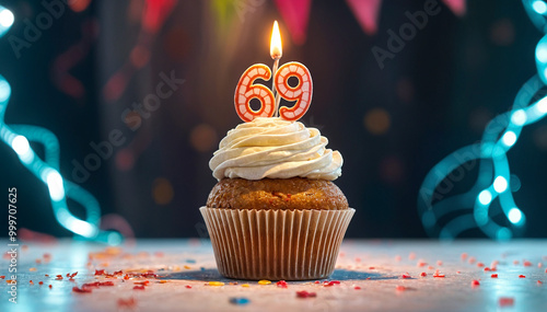 Birthday cupcake with burning lit candle with number 69. Number sixty-nine for sixty-nine years or sixty-ninth anniversary. photo