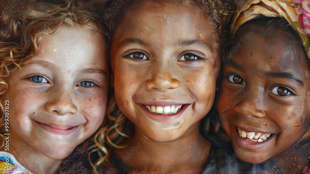 A close-up portrait of three children with diverse skin tones A close-up portrait of three children with diverse skin tones
