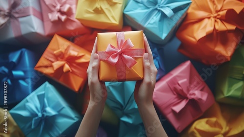 Close up of hands holding wrapped gift box