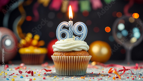 Birthday cupcake with burning lit candle with number 69. Number sixty-nine for sixty-nine years or sixty-ninth anniversary. photo