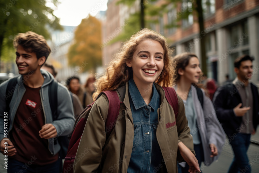 A lively group of young individuals walks down a busy city street A lively group of young individuals walks down a busy city street