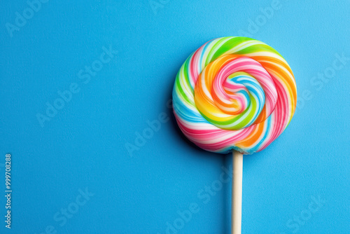 colorful spiral lollipop on plain blue background