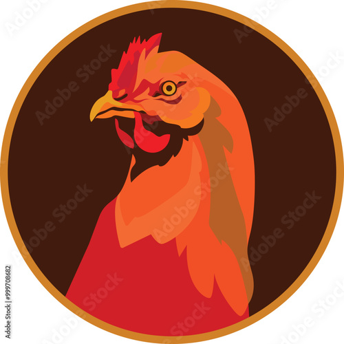 Vector character of a chicken head inside a circle, perfect for logos or branding for any business related to chickens.