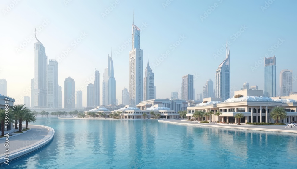 Naklejka premium Elegant cityscape with serene waterfront