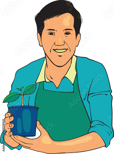 A vector character of a man holding a pot with a small plant, ideal for gardening or houseplant branding.