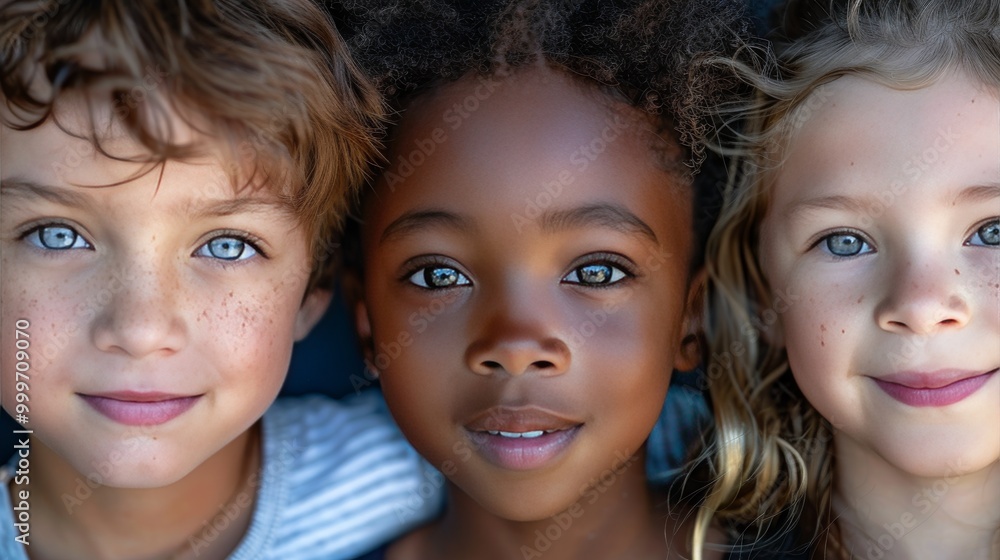 A close-up shot of three children with diverse skin tones and hair types A close-up shot of three children with diverse skin tones and hair types