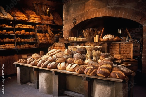 Bread Display: Capture the variety of bread on display, from rustic loaves to artisanal rolls, with a charming village market visible through the bakery entrance.