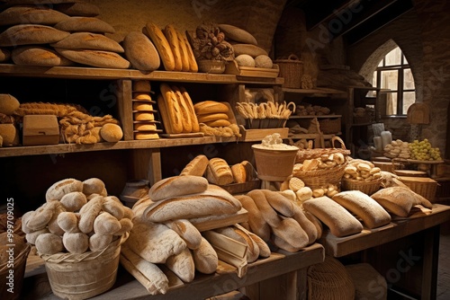 Bread Display: Capture the variety of bread on display, from rustic loaves to artisanal rolls, with a charming village market visible through the bakery entrance.