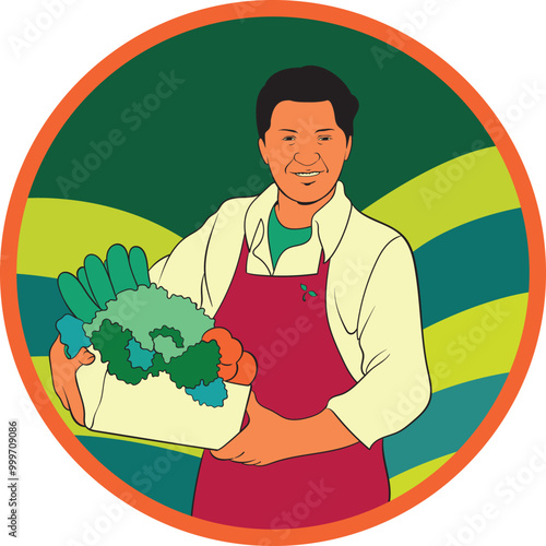 A vector character of a man inside a circle, holding a basket full of fresh vegetables, perfect for farming, healthy food, or organic market businesses.