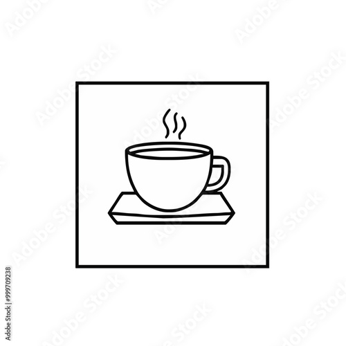 Tea Cup Outline Icon with Saucer in Black and White 