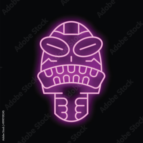 Bright purple neon sign representing a tiki mask on black background, a colorful and luminous illustration for a decoration concept