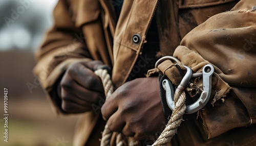 Man fastening D-ring shackle to rope in rustic outdoor setting, dressed in weathered brown jacket photo