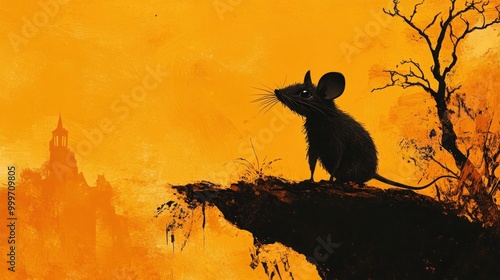Ghost mouse on the edge of the abyss and castle on orange background with space for text