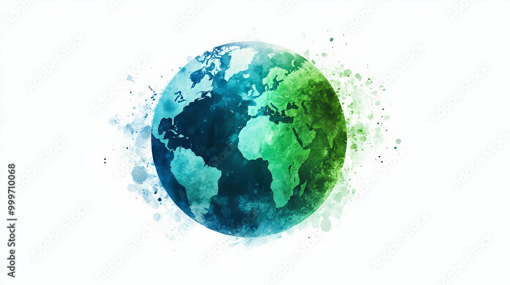 Abstract Watercolor Painting of the Earth with Green and Blue Hues on a White Background Abstract Watercolor Painting of the Earth with Green and Blue Hues on a White Background