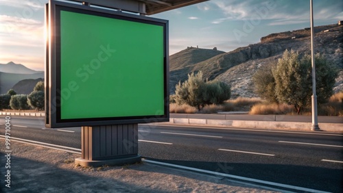 Mockup of Green Screen Billboard Displaying Advertisement by the Roadside, Eye-Catching Promotional Space, Urban Environment.