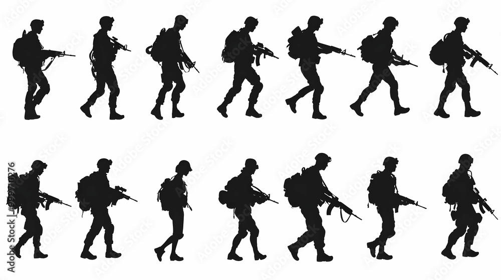 Silhouettes of Soldiers Marching in Formation with Backpacks and Rifles, a Black and White Illustration of Military Personnel in Action Silhouettes of Soldiers Marching in Formation with Backpacks and Rifles, a Black and White Illustration of Military Personnel in Action